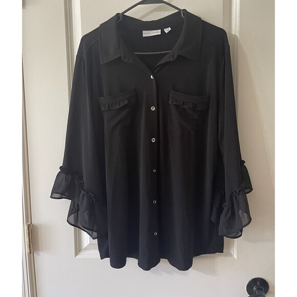 Susan Graver Women’s Size Large Black Blouse Ruffle Trim Career - Picture 1 of 9